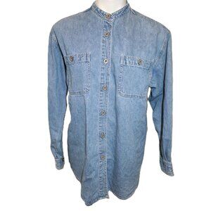 Standard Blues jean button-up top Women's large Collarless 100% cotton Pockets